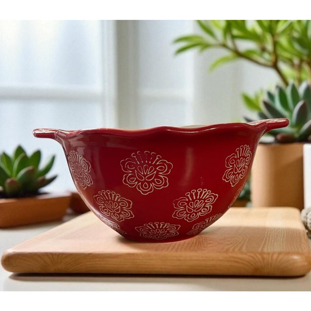 Red White Mixing Bowl Floral Lace Design Temptations ? Ceramic